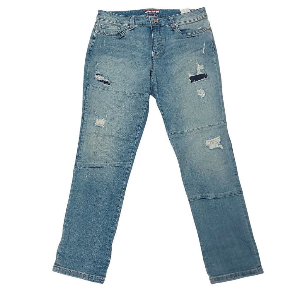Tommy Hilfiger Jeans Womens 6 Blue Boyfriend Mid Rise Distressed Patchwork Retro